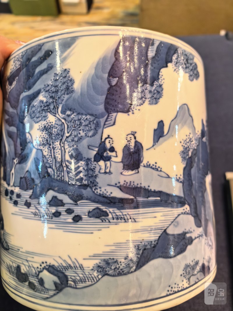 清康熙 青花山水人物笔筒 - 图12